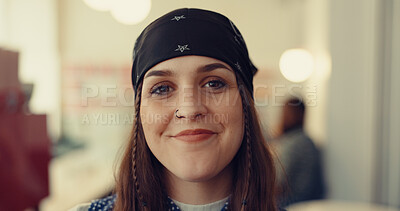 Buy stock photo Smile, confident and portrait of woman in restaurant with positive attitude for coffee shop on holiday. Happy, face and closeup of female person from Canada in cafe with pride for travel vacation.