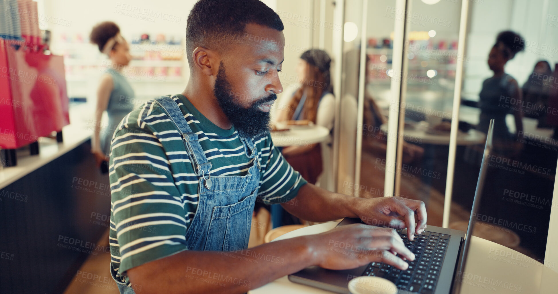 Buy stock photo Laptop, freelancer and typing with man in cafe for research, restaurant review and blog post. Email newsletter, article editor and coffee shop report with person for remote work writer and website