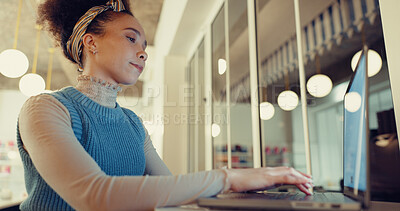 Buy stock photo Laptop, online and research with woman in cafe for typing, restaurant review and blog post. Email newsletter, article editor and coffee shop report with person for remote work writer and night