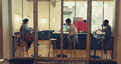 Buy stock photo People, relax and tech in coffee shop for remote work, connectivity and networking at night. Store front, window and customers in cafe for small business support, deadlines and freelance opportunity