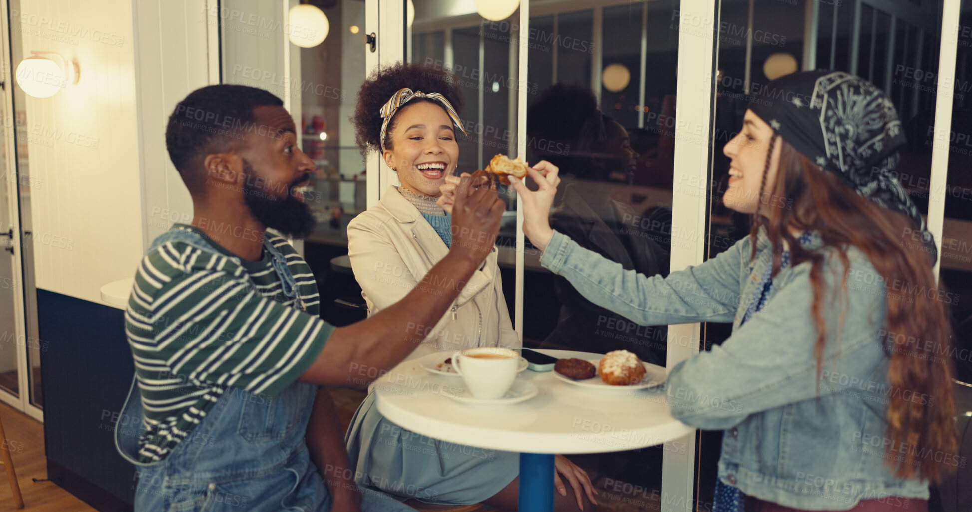 Buy stock photo Laughing, toast and bonding with friends in coffee shop for conversation, reunion and communication. Happiness, restaurant and food break with people in cafe for night, talking and cheers together