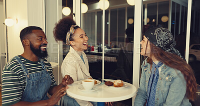 Buy stock photo Laughing, relax and bonding with friends in coffee shop for conversation, reunion and communication. Happiness, restaurant and food break with people in cafe for night, talking and diner together