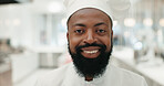 Happy, black man and portrait with chef for culinary art, hospitality or skill at indoor restaurant or bakery. African, male person or face of cook with smile, beard or confidence at store or shop