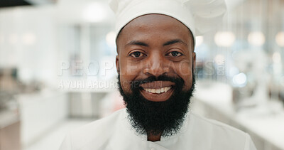 Buy stock photo Happy, black man and portrait with chef for culinary art, hospitality or skill at indoor restaurant or bakery. African, male person or face of cook with smile, beard or confidence at store or shop