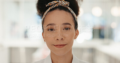 Buy stock photo Woman, portrait and smile in cafe for small business, confidence or proud store owner. Entrepreneur, face or bokeh in Brazil coffee shop for service industry, hospitality or dream startup in catering