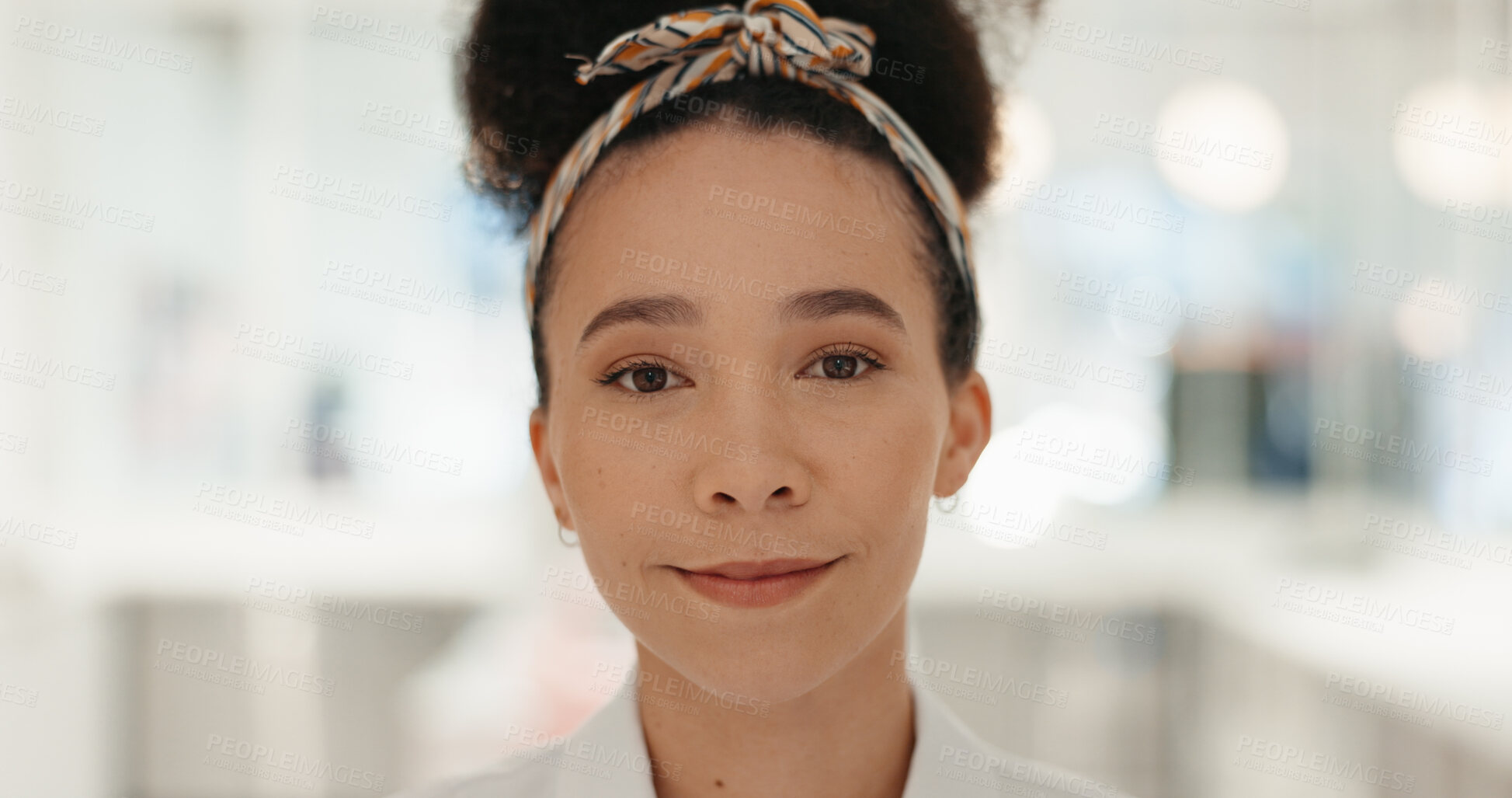 Buy stock photo Woman, portrait and smile in cafe for small business, confidence or proud store owner. Entrepreneur, face or bokeh in Brazil coffee shop for service industry, hospitality or dream startup in catering