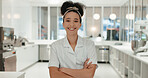 Happy woman, portrait or chef with confidence at bakery for culinary art, hospitality or skill at indoor restaurant. Owner, female person or cooking artist with smile or arms crossed at shop or store