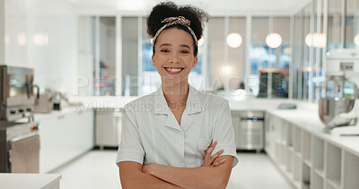 Buy stock photo Happy woman, portrait or chef with confidence at bakery for culinary art, hospitality or skill at indoor restaurant. Owner, female person or cooking artist with smile or arms crossed at shop or store