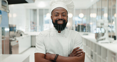 Buy stock photo Happy, black man and portrait with chef at bakery for culinary art, hospitality or skill at indoor restaurant. African, male person or cook with smile or arms crossed in confidence at store or shop