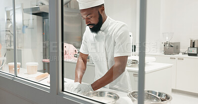 Buy stock photo Chef, bakery and dough with black man in kitchen for coffee shop, food industry and meal prep. Cooking, dessert and nutritionist with baker in restaurant for pastry recipe, small business and flour