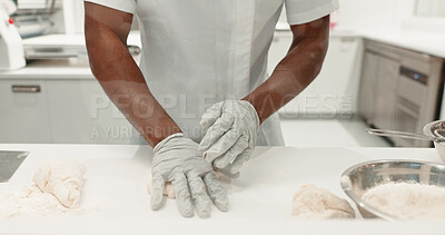 Buy stock photo Cooking, bakery and dough with hands of person in kitchen for coffee shop, food industry and meal prep. Dessert, chef and nutritionist with baker closeup in restaurant for pastry, cafe and flour