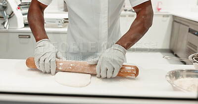 Buy stock photo Rolling pin, bakery and dough with hands in kitchen for coffee shop, food industry and meal prep. Cooking, chef and nutritionist with closeup of person in restaurant for pastry, cafe and flour