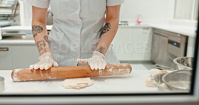 Buy stock photo Rolling pin, bakery and dough with hands of person in kitchen for coffee shop, food industry and meal prep. Cooking, chef and nutritionist with baker closeup in restaurant for pastry, cafe and flour