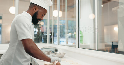 Buy stock photo Rolling pin, bakery and dough with black man in kitchen for coffee shop, food industry and meal prep. Cooking, chef and nutritionist with baker in restaurant for pastry recipe, cafe and flour