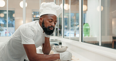 Buy stock photo Sleeping, tired and chef with black man in kitchen of coffee shop for overworked, burnout or food industry. Dough, fatigue and cooking with exhausted person in restaurant for cafe, overtime or bakery