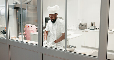 Buy stock photo Dessert, bakery and dough with black man in kitchen for coffee shop, food industry and meal prep. Cooking, chef and nutritionist with baker in restaurant for pastry recipe, small business and flour
