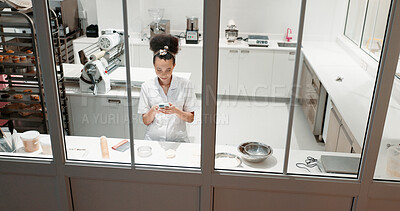 Buy stock photo Phone, bakery and above with woman in kitchen for contact, food industry and ingredient order. Chef, network and nutritionist with baker in restaurant for online recipe, entrepreneur and mobile app