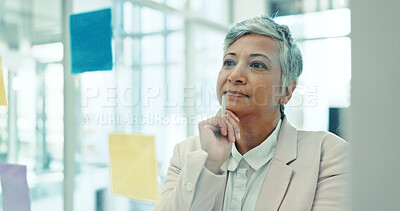 Buy stock photo Ideas, glass wall and mature businesswoman with creative planning with notes in office for project. Brainstorming, board and female event designer work on startup ideas for development in workplace.