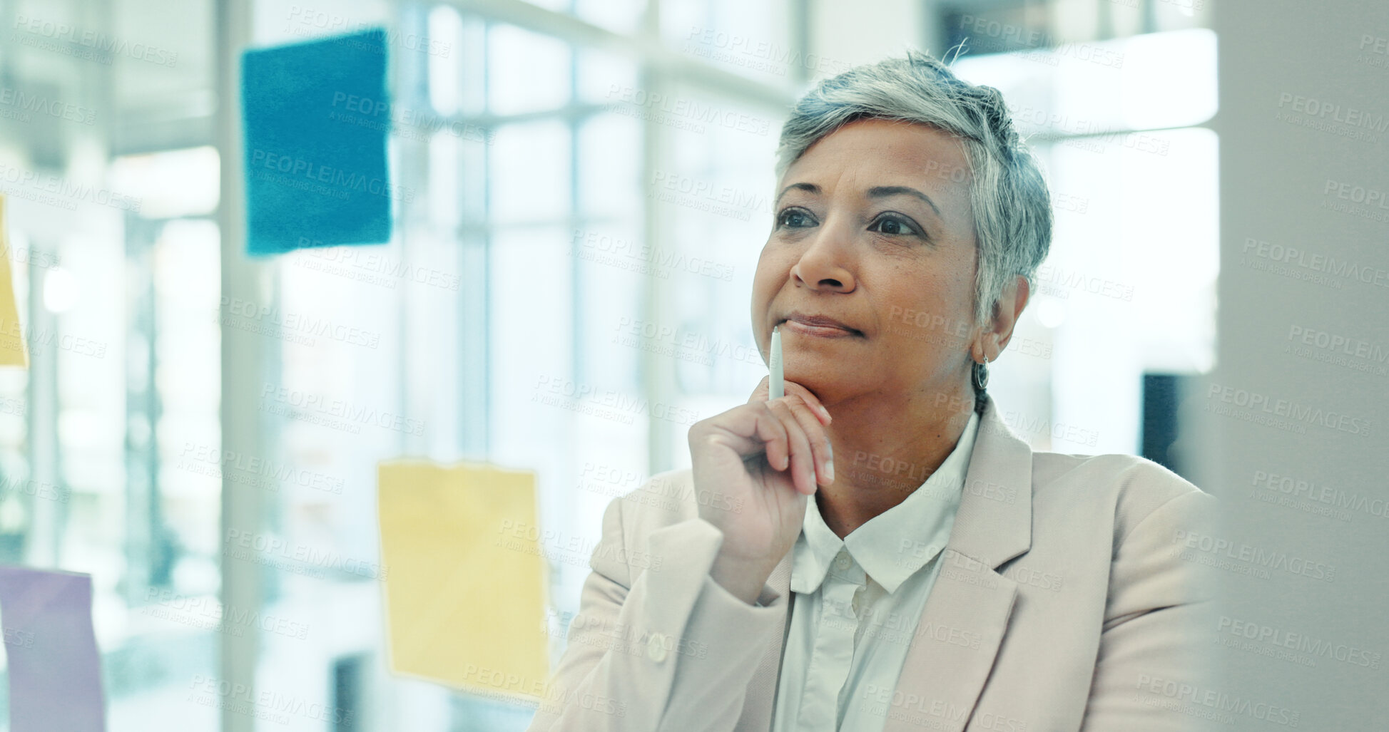 Buy stock photo Ideas, glass wall and mature businesswoman with creative planning with notes in office for project. Brainstorming, board and female event designer work on startup ideas for development in workplace.