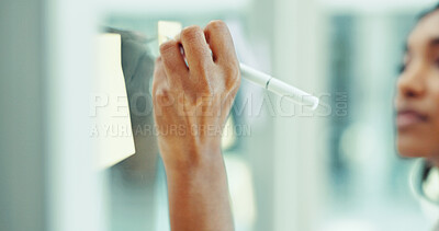 Buy stock photo Glass wall, writing and hand of woman in office for planning, brainstorming or research for creative project. Journalism, thinking and female editor working on media report for startup business.