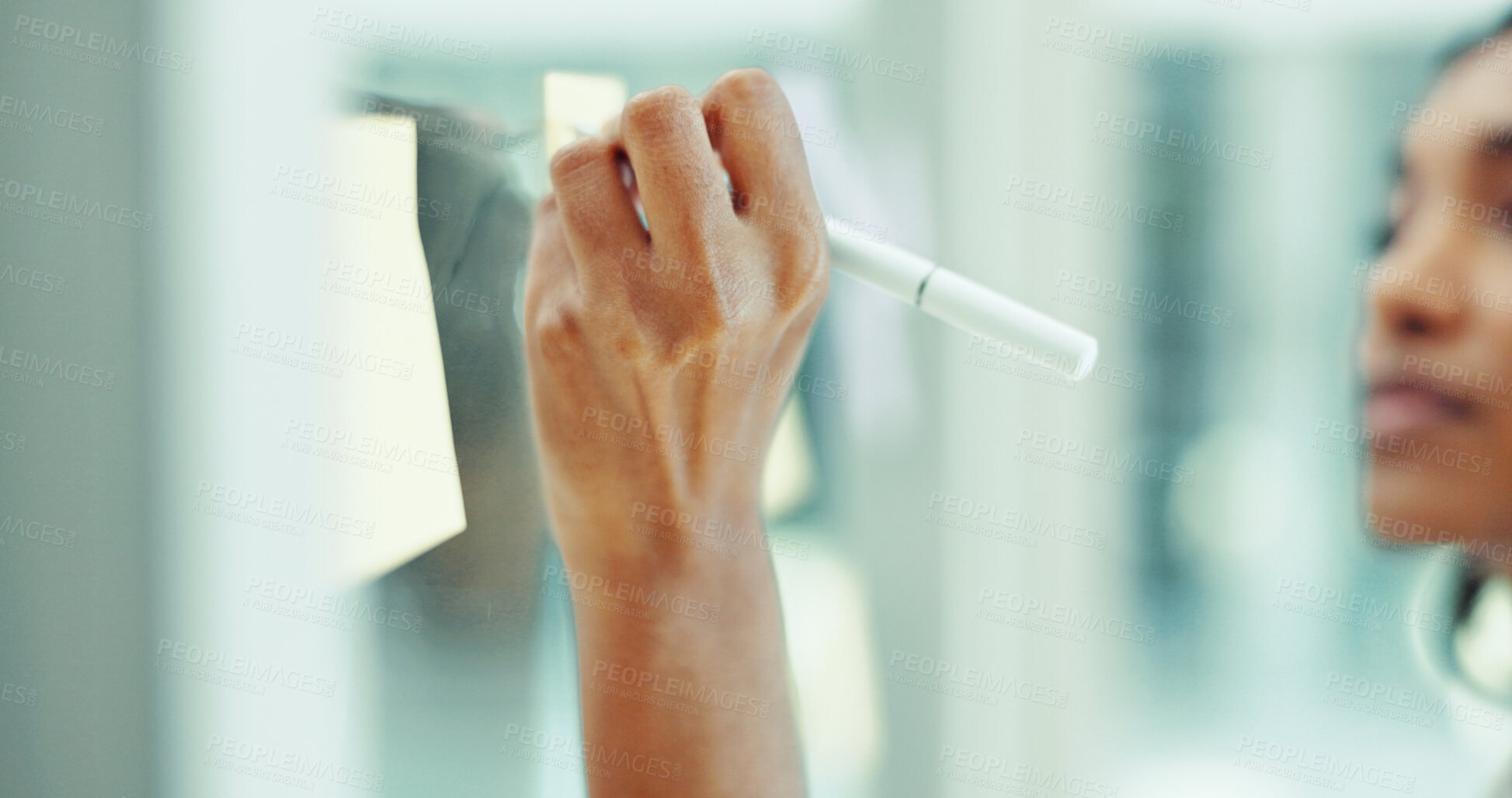 Buy stock photo Glass wall, writing and hand of woman in office for planning, brainstorming or research for creative project. Journalism, thinking and female editor working on media report for startup business.