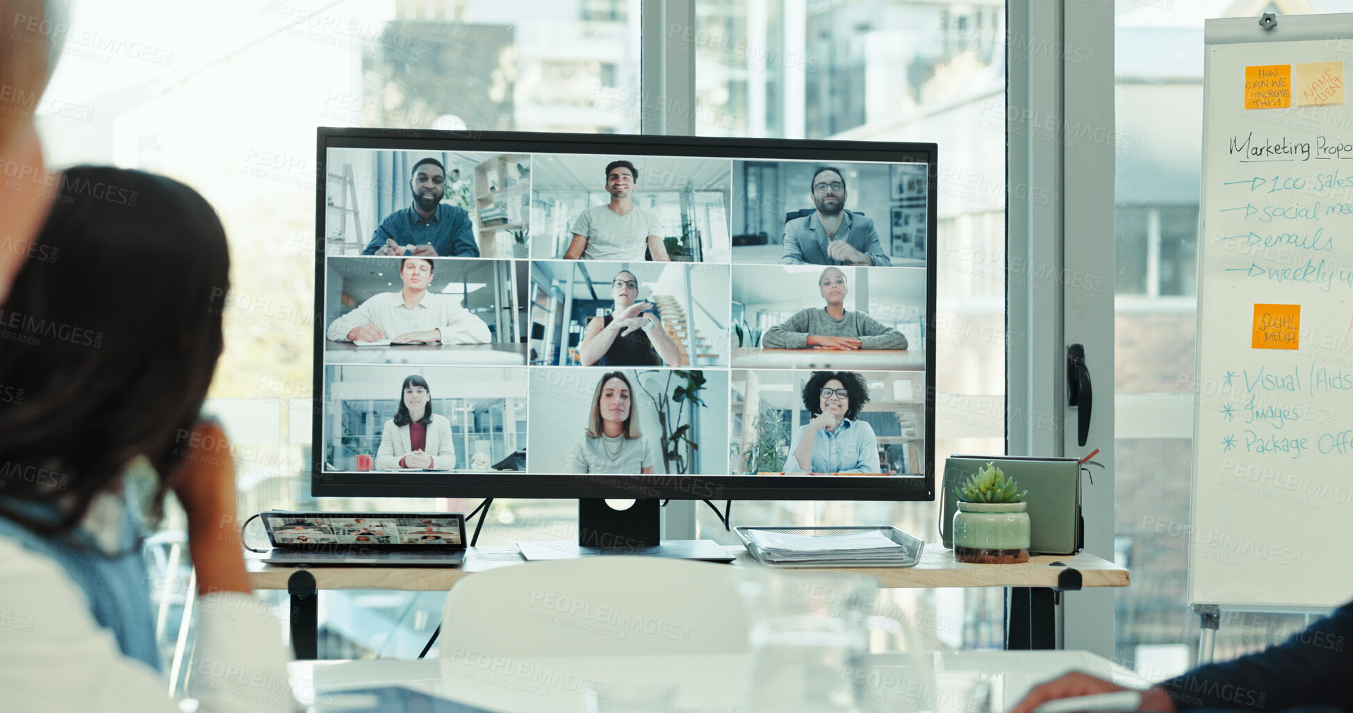 Buy stock photo Video call, computer screen and webinar with business people in office for monitor, contact and online meeting. Virtual conference, digital chat and communication with employees for networking