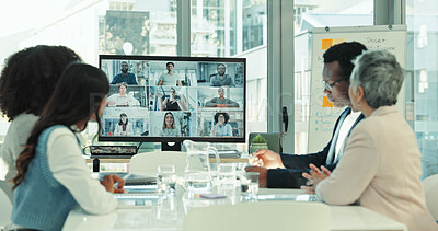 Buy stock photo Video call, computer screen and teamwork with business people in office for monitor, contact or webinar. Virtual conference, online meeting or communication with employees in boardroom for networking
