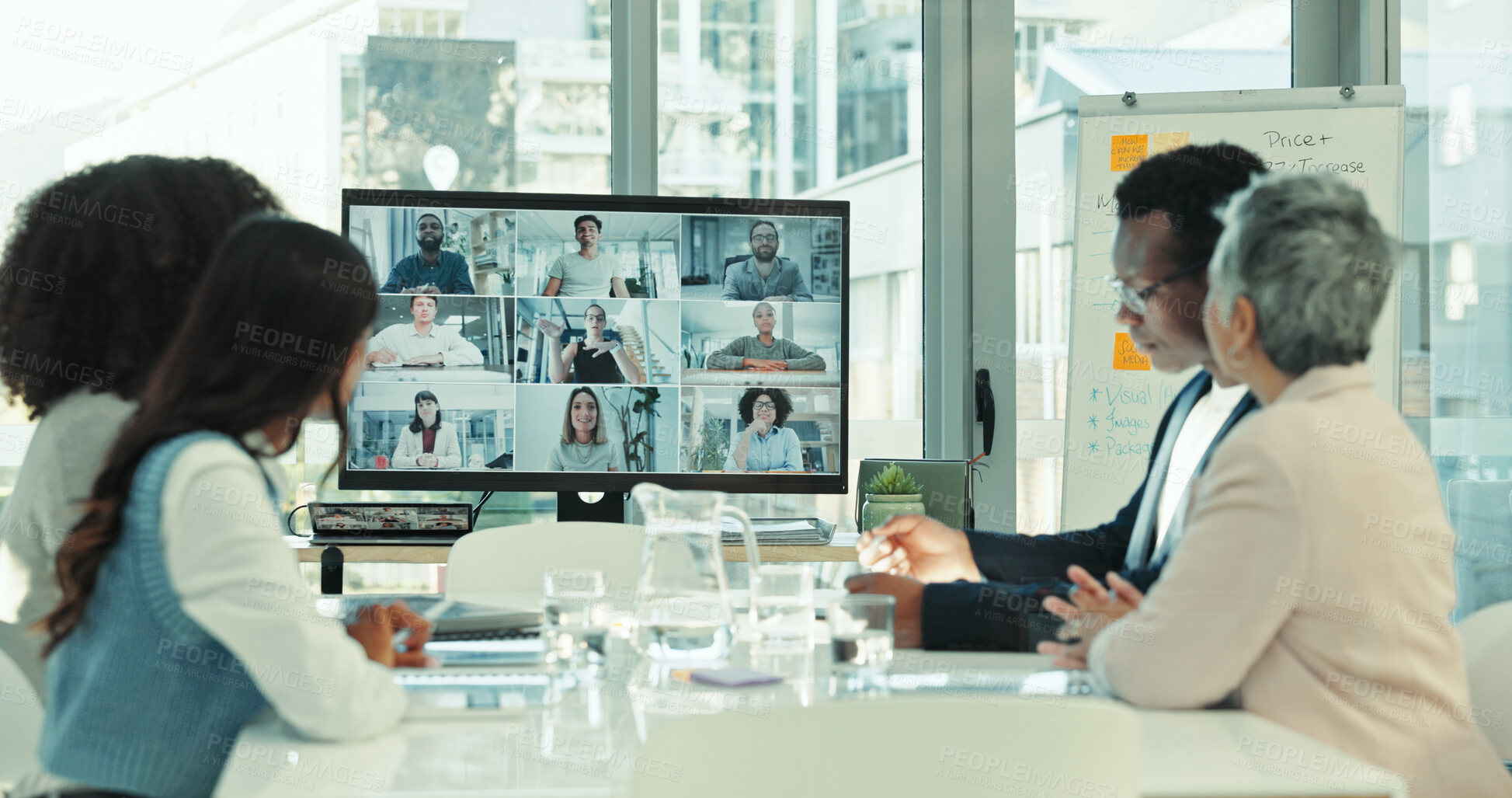 Buy stock photo Video call, computer screen and teamwork with business people in office for monitor, contact or webinar. Virtual conference, online meeting or communication with employees in boardroom for networking