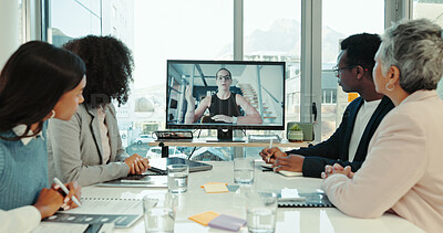 Buy stock photo Video call, computer screen and consulting with business people in office for monitor, contact or webinar. Virtual conference, online meeting or communication with employees in boardroom for network