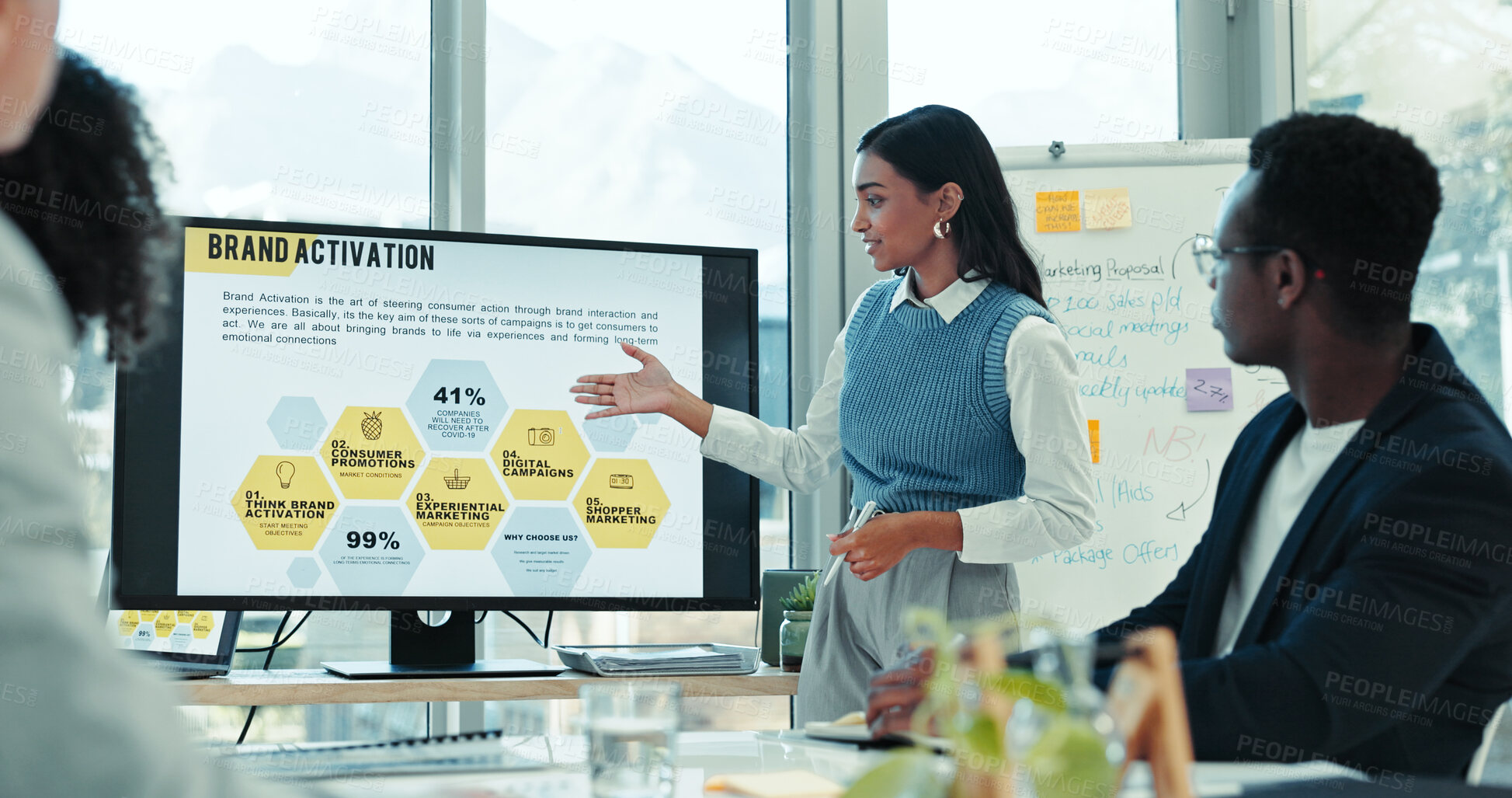 Buy stock photo Brand activation, coaching and computer screen with business people in boardroom for training. Marketing, mindmap or presentation and woman speaker in office for upskill workshop with employee team