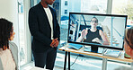 Online meeting, computer screen and consulting with business people in office for monitor, contact or webinar. Virtual conference, video call or communication with employees in boardroom for network