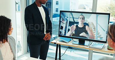 Buy stock photo Online meeting, computer screen and consulting with business people in office for monitor, contact or webinar. Virtual conference, video call or communication with employees in boardroom for network