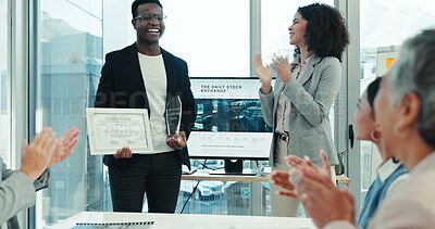 Buy stock photo Success, applause and man with award, boardroom and meeting for achievement, promotion and colleagues. Public relations, people and clapping for prize, accomplishment and happy for recognition