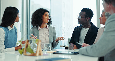 Buy stock photo Teamwork, talking and planning with business people in meeting for feedback, brainstorming and public relations. Workflow, project management and media campaign with employees in office for solution