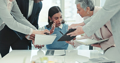 Buy stock photo Multitasking, stress and businesswoman in office with people for juggling tasks with deadline. Technology, documents and female employee with busy chaos for deal negotiation with heavy workload.