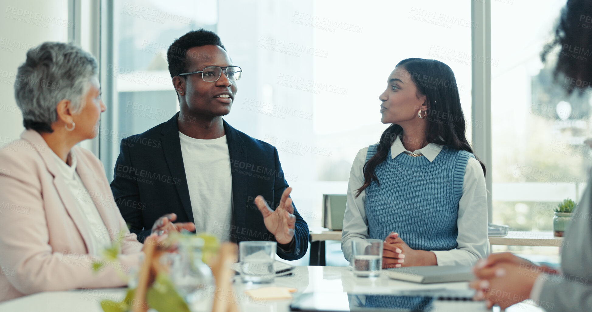 Buy stock photo Teamwork, proposal and planning with business people in meeting for feedback, brainstorming and public relations. Workflow, project management and media campaign with employees in office for solution