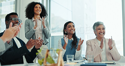 Buy stock photo Business people, happy group and applause at meeting for celebration, support and cheers in office. Training conference, audience and clapping hands at workshop, seminar and success at presentation