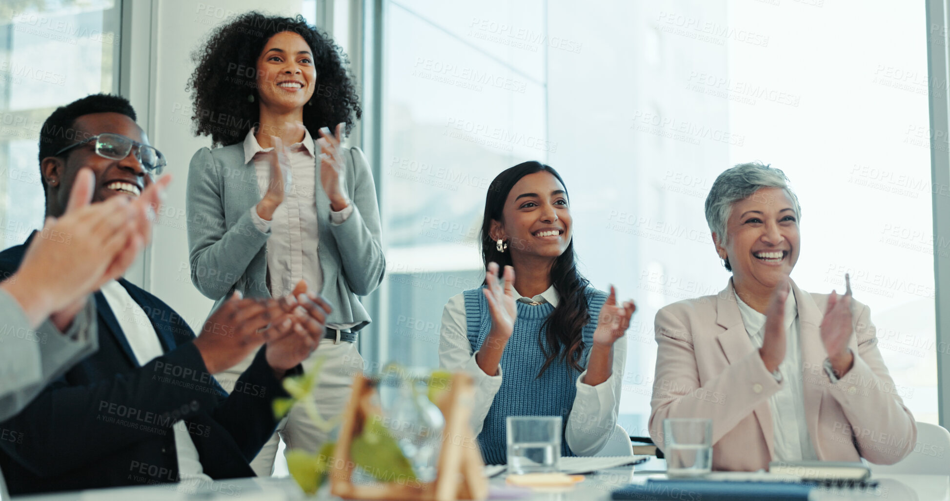 Buy stock photo Business people, happy group and applause at meeting for celebration, support and cheers in office. Training conference, audience and clapping hands at workshop, seminar and success at presentation