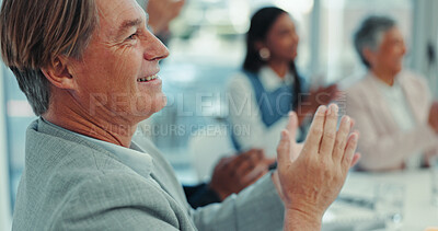 Buy stock photo Smile, business man and applause at meeting to celebrate success, support and cheers in office. Training conference, audience and clapping hands at workshop, seminar or mature manager at presentation
