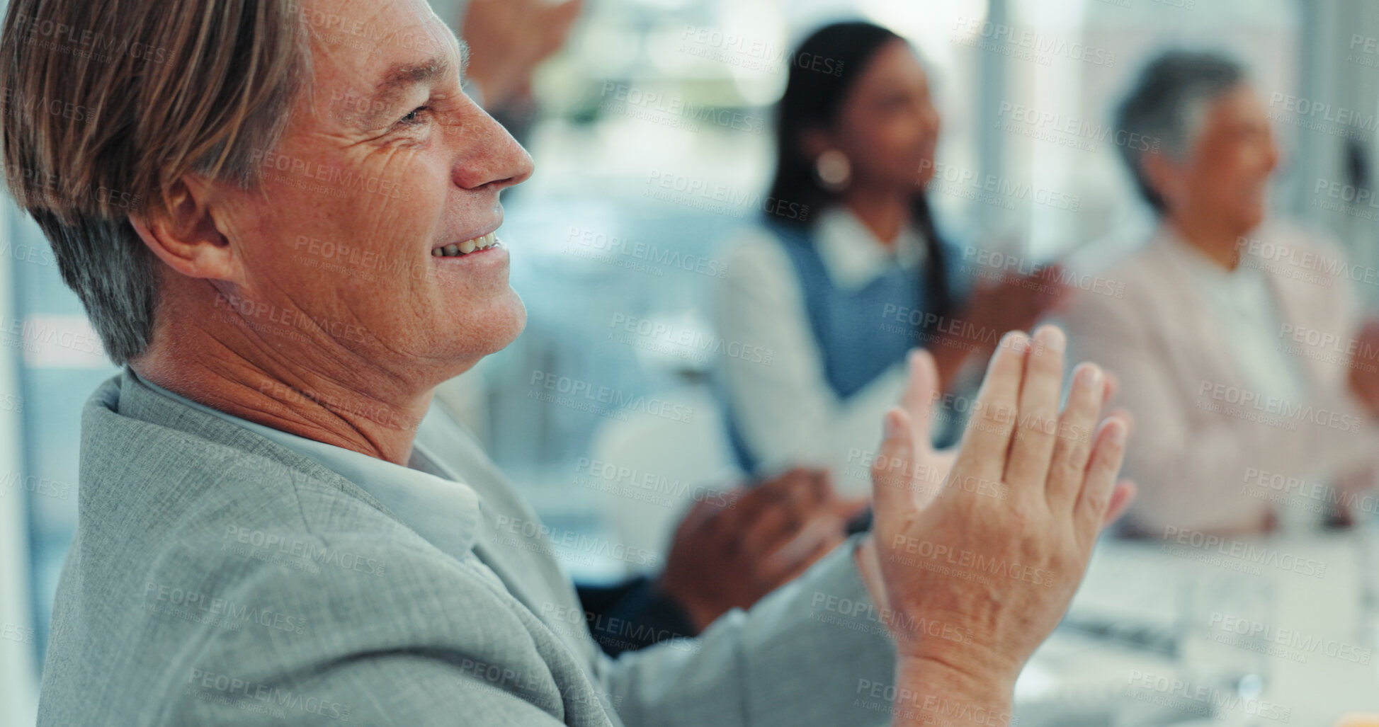 Buy stock photo Smile, business man and applause at meeting to celebrate success, support and cheers in office. Training conference, audience and clapping hands at workshop, seminar or mature manager at presentation