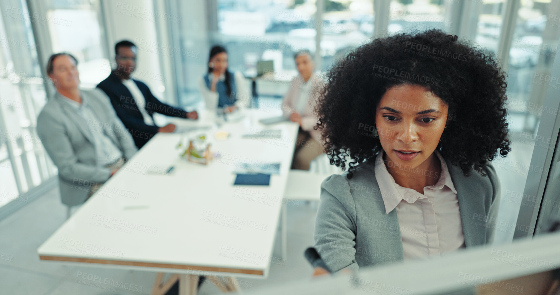 Buy stock photo Teamwork, presentation and writing with business woman in meeting for workshop, brainstorming and public relations. Clients, project management and media campaign with people in office for proposal