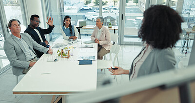 Buy stock photo Teamwork, presentation and question with business woman in meeting for workshop, brainstorming and public relations. Clients, project management and media campaign with people in office for proposal