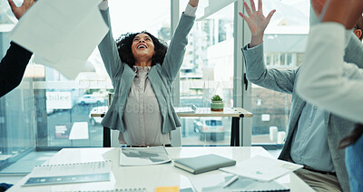 Buy stock photo Throw paper, business people and woman with celebration, success and achievement in modern office. Employee, coworking or accounting firm with documents, excited or kpi target with bonus or promotion