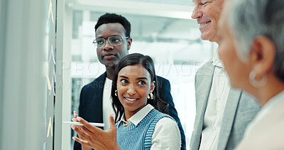 Buy stock photo Meeting, teamwork and business people by board in office with brainstorming for collaboration. Research, discussion and public relations employees with information for planning media press release.