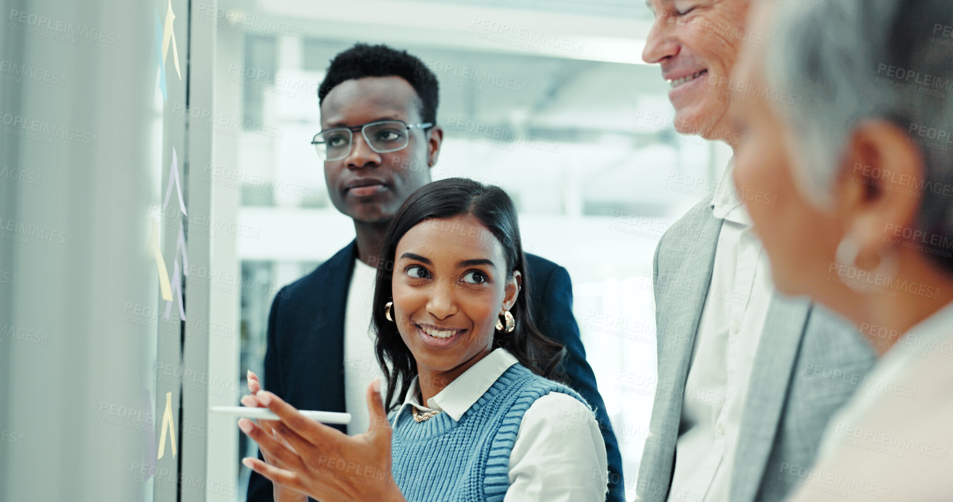 Buy stock photo Meeting, teamwork and business people by board in office with brainstorming for collaboration. Research, discussion and public relations employees with information for planning media press release.