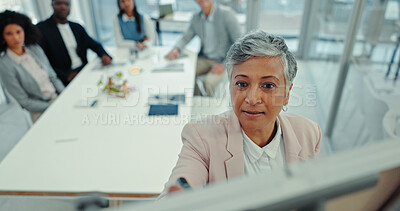 Buy stock photo Planning, presentation and mature with business woman in meeting for workshop, brainstorming and public relations. Clients, project management and media campaign with people in office for proposal