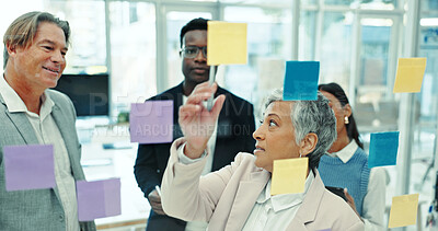 Buy stock photo Glass wall, collaboration and business people in office with research, information or meeting for project. Team, board and group of creative journalists planning media press release in workplace.