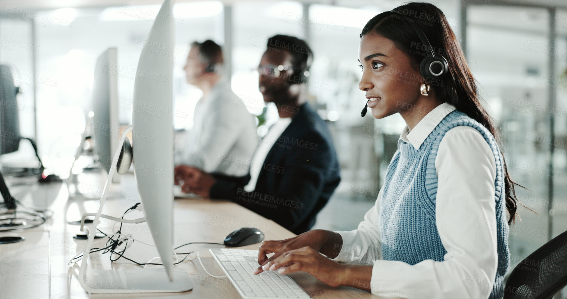 Buy stock photo Call center, communication and contact us with Indian woman in support office for customer service. Consulting, feedback and help with person speaking on headset in workplace as virtual assistant