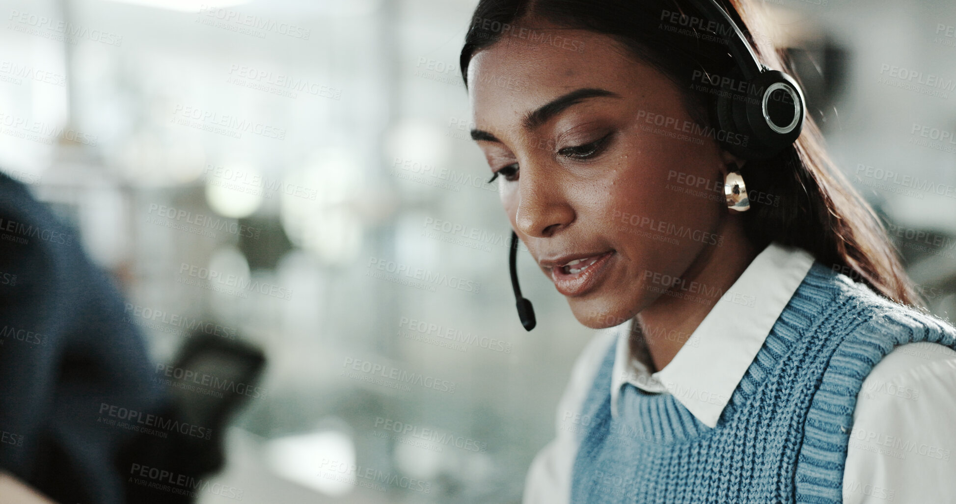 Buy stock photo Call center, consulting and headset with black man in support office for customer service. Contact us, conversation and feedback with person in workplace for hotline help as virtual assistant