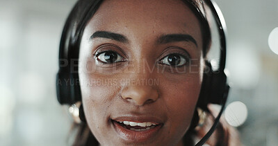 Buy stock photo Woman, portrait or talking in call center for telemarketing, customer service or insurance advice. Agent, face or tech in office for communication, lead generation or consultant at help desk in India
